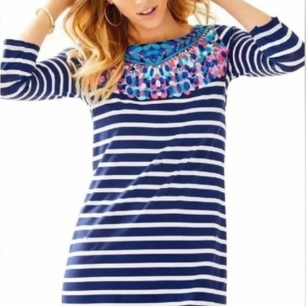 Lilly Pulitzer Bay Dress in Island Medallion Stripe Navy Blue